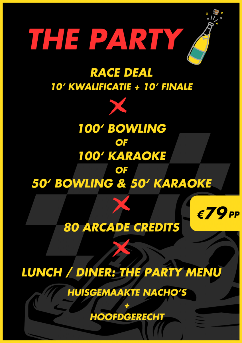 Affiche van de party formule bij O'Learys en E-Kart